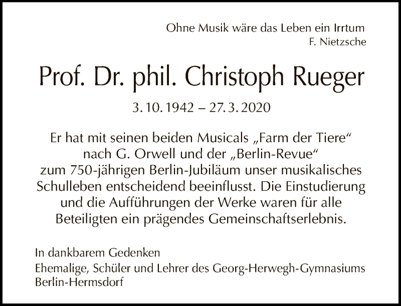  Traueranzeige für Christoph Rueger vom 05.04.2020 aus Tagesspiegel