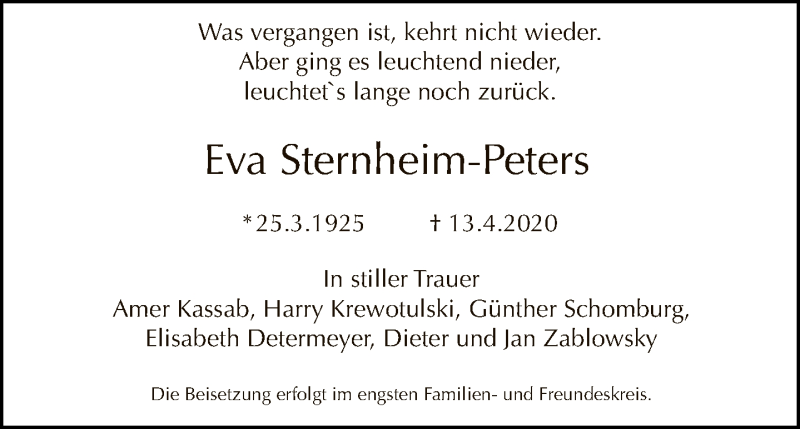  Traueranzeige für Eva Sternheim-Peters vom 26.04.2020 aus Tagesspiegel