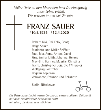 Traueranzeige von Franz Sauer von Tagesspiegel