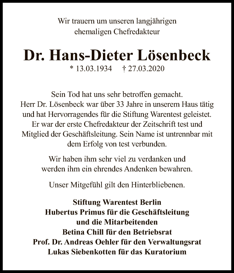  Traueranzeige für Hans-Dieter Lösenbeck vom 05.04.2020 aus Tagesspiegel