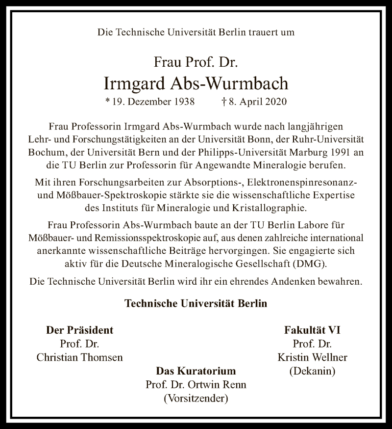  Traueranzeige für Irmgard Abs-Wurmbach vom 26.04.2020 aus Tagesspiegel
