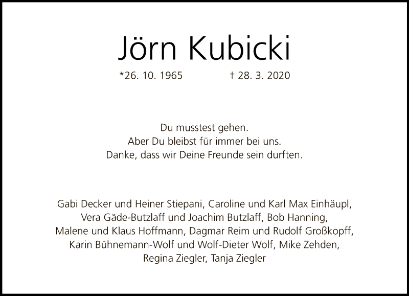 Traueranzeige für Jörn Kubicki vom 05.04.2020 aus Tagesspiegel