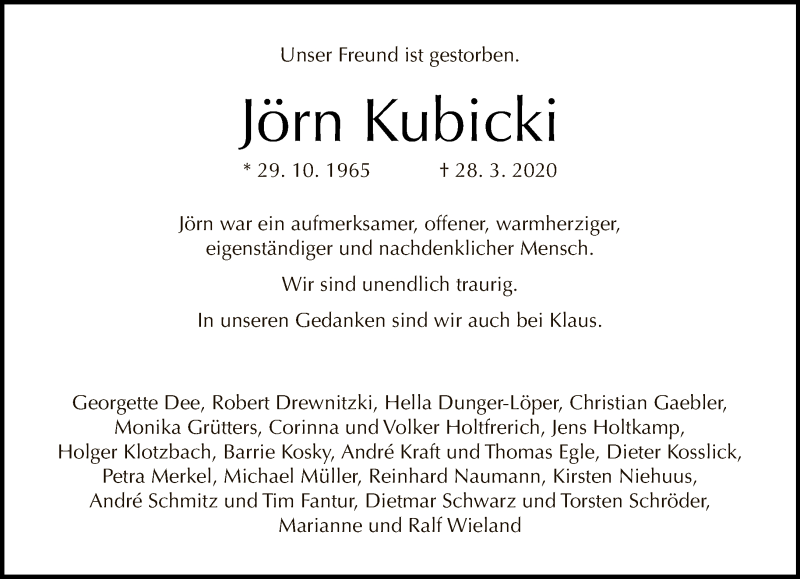  Traueranzeige für Jörn Kubicki vom 05.04.2020 aus Tagesspiegel