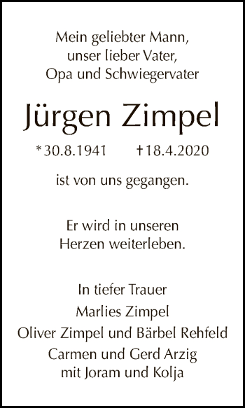 Traueranzeige von Jürgen Zimpel von Tagesspiegel