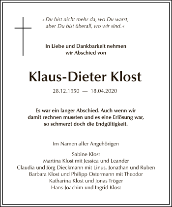 Traueranzeige von Klaus-Dieter Klost von Tagesspiegel