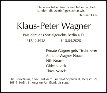 Traueranzeige von Klaus-Peter Wagner von Tagesspiegel