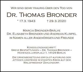 Traueranzeige von Thomas Bronder von Tagesspiegel