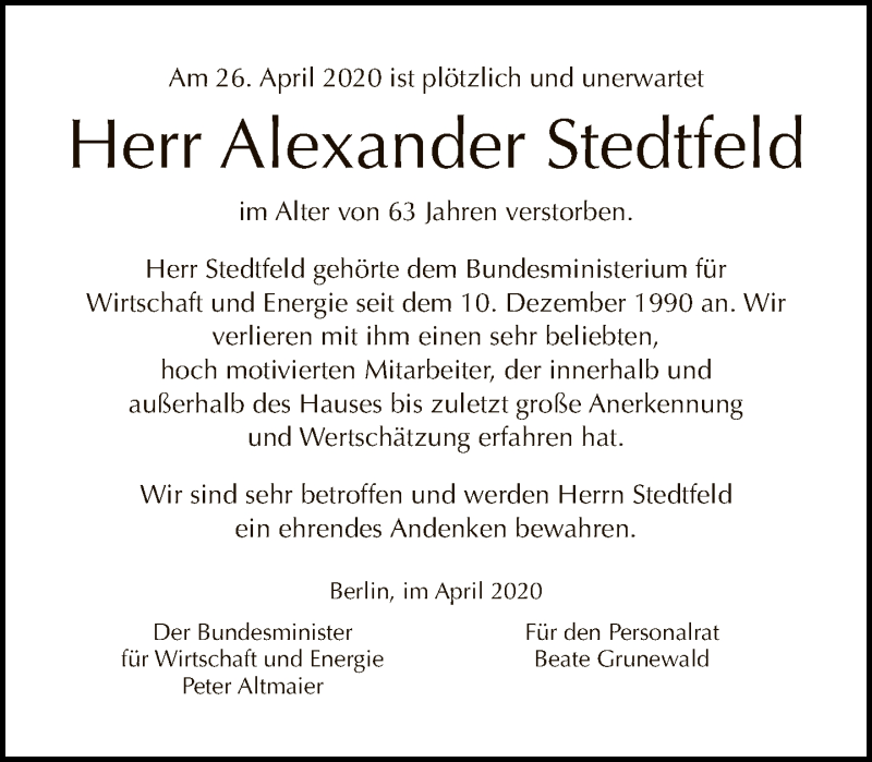  Traueranzeige für Alexander Stedtfeld vom 10.05.2020 aus Tagesspiegel