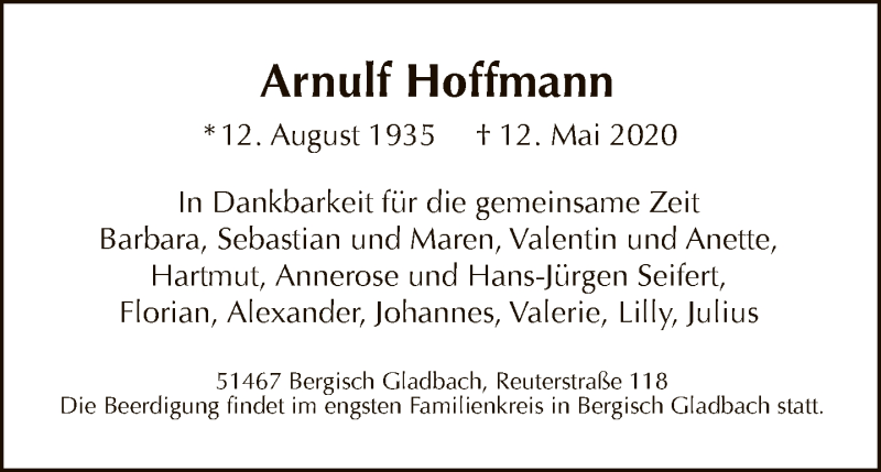  Traueranzeige für Arnulf Hoffmann vom 31.05.2020 aus Tagesspiegel