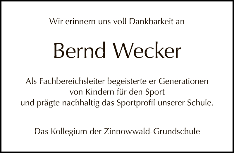  Traueranzeige für Bernd Wecker vom 24.05.2020 aus Tagesspiegel