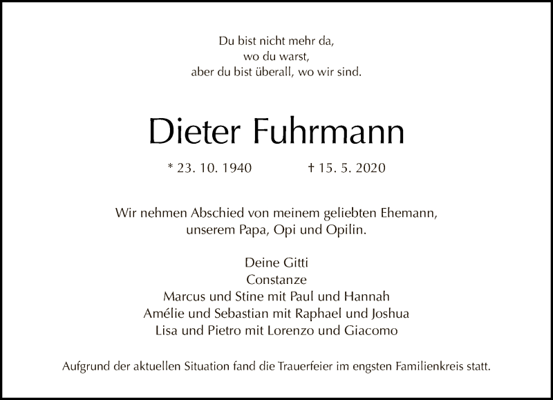  Traueranzeige für Dieter Fuhrmann vom 24.05.2020 aus Tagesspiegel