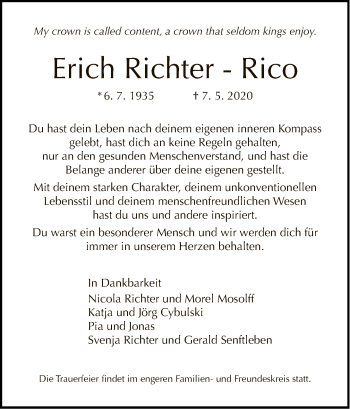 Traueranzeige von Erich Richter Richter-Rico von Tagesspiegel