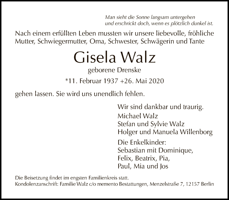  Traueranzeige für Gisela Walz vom 31.05.2020 aus Tagesspiegel