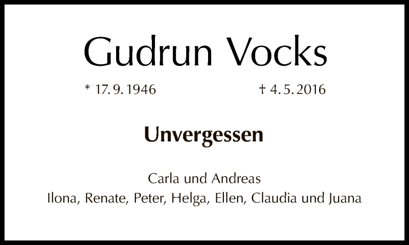  Traueranzeige für Gudrun Vocks vom 10.05.2020 aus Tagesspiegel