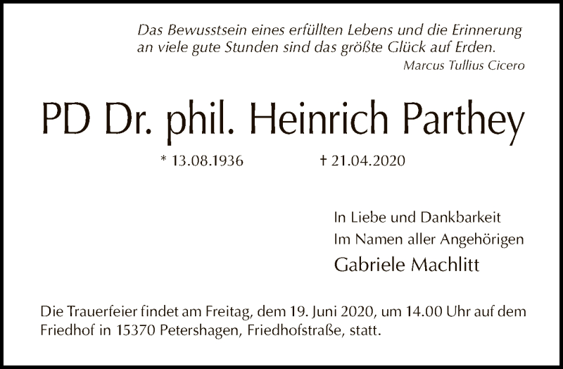  Traueranzeige für Heinrich Parthey vom 10.05.2020 aus Tagesspiegel