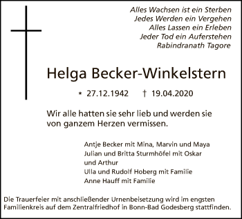 Traueranzeige von Helga Becker-Winkelstern von Tagesspiegel