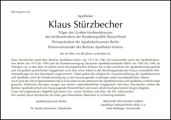 Traueranzeige von Klaus Stürzbecher von Tagesspiegel