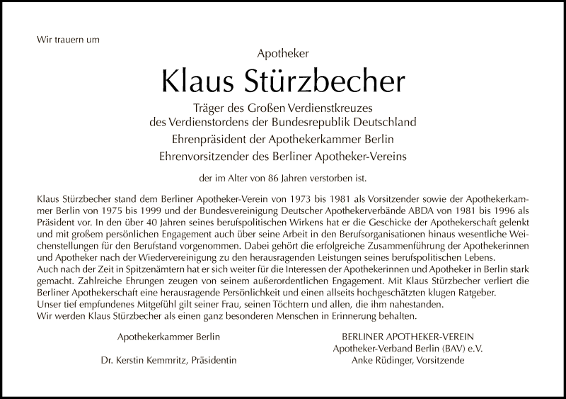  Traueranzeige für Klaus Stürzbecher vom 17.05.2020 aus Tagesspiegel