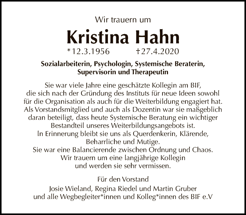 Traueranzeige für Kristina Hahn vom 17.05.2020 aus Tagesspiegel