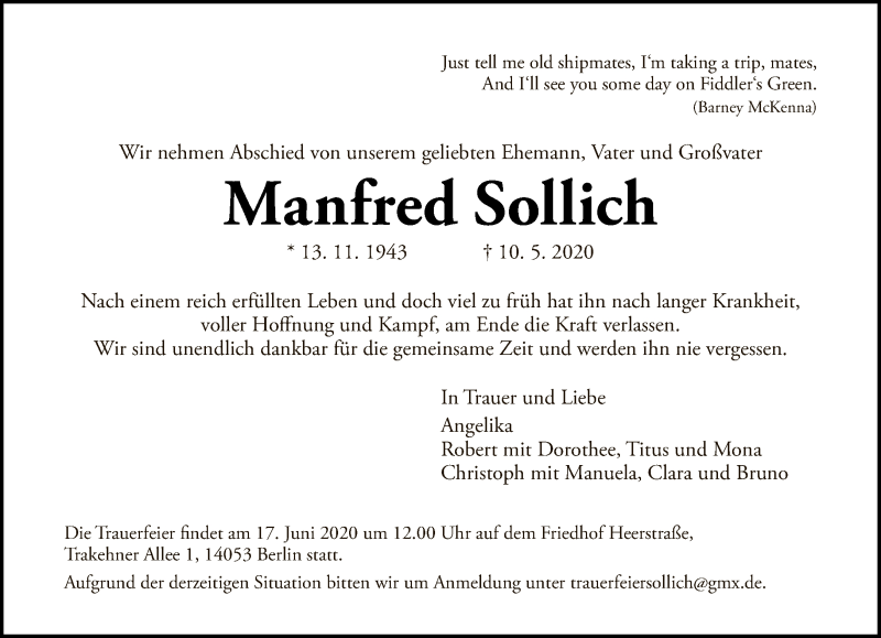  Traueranzeige für Manfred Sollich vom 24.05.2020 aus Tagesspiegel