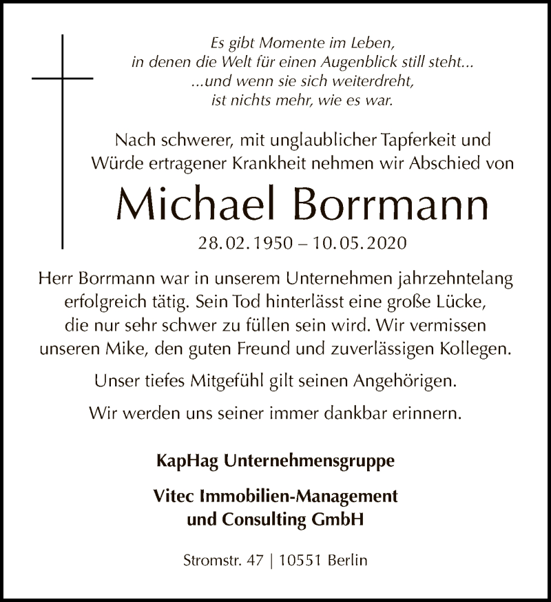  Traueranzeige für Michael Borrmann vom 24.05.2020 aus Tagesspiegel