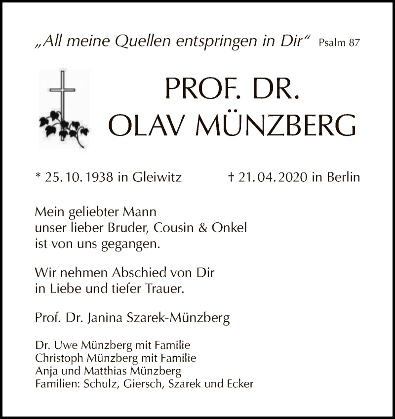  Traueranzeige für Olav Münzberg vom 17.05.2020 aus Tagesspiegel