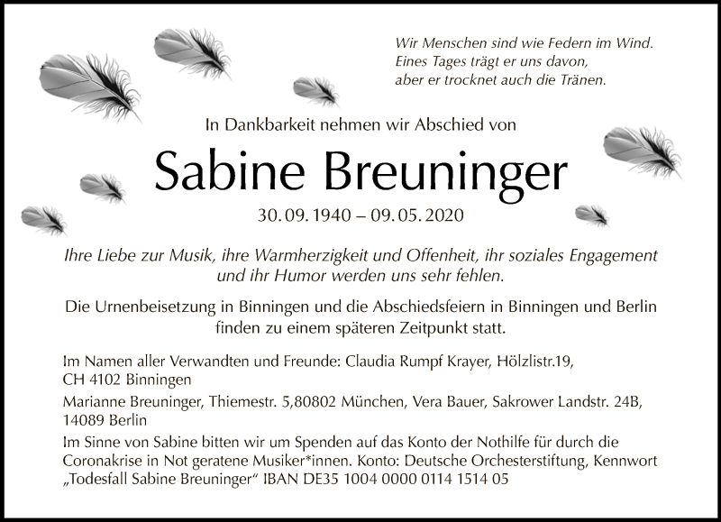  Traueranzeige für Sabine Breuninger vom 17.05.2020 aus Tagesspiegel