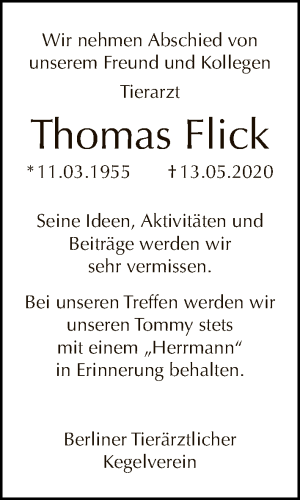  Traueranzeige für Thomas Flick vom 31.05.2020 aus Tagesspiegel