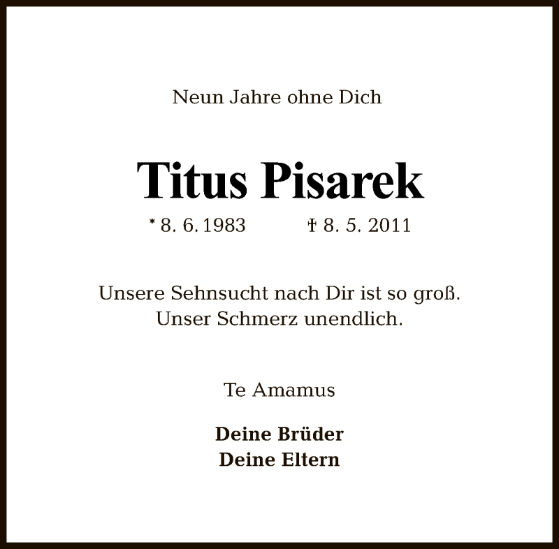  Traueranzeige für Titus Pisarek vom 07.05.2020 aus Tagesspiegel