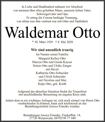 Traueranzeige von Waldemar Otto von Tagesspiegel