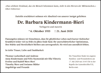 Traueranzeige von Barbara Kindermann-Bieri von Tagesspiegel