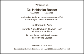 Traueranzeige von Heidecke Becker von Tagesspiegel