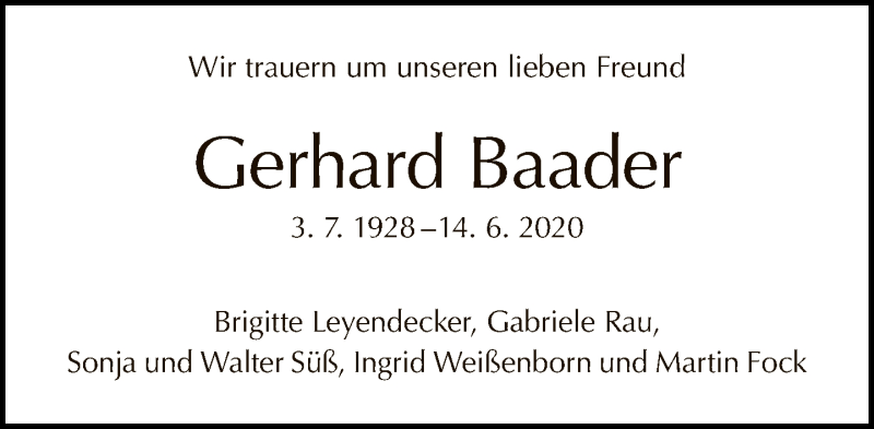  Traueranzeige für Gerhard Baader vom 21.06.2020 aus Tagesspiegel