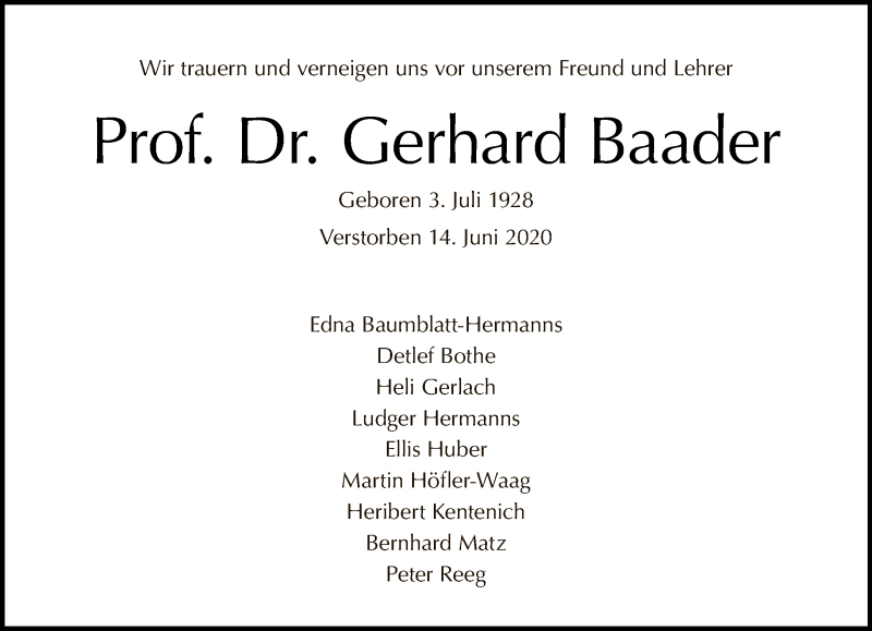  Traueranzeige für Gerhard Baader vom 21.06.2020 aus Tagesspiegel