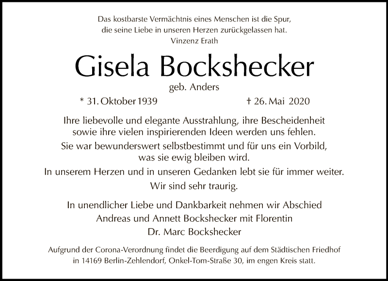  Traueranzeige für Gisela Bockshecker vom 14.06.2020 aus Tagesspiegel