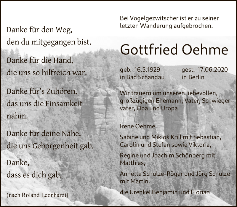  Traueranzeige für Gottfried Oehme vom 28.06.2020 aus Tagesspiegel