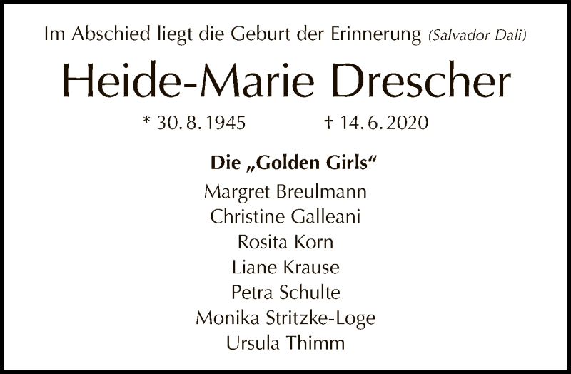  Traueranzeige für Heide-Marie Drescher vom 21.06.2020 aus Tagesspiegel