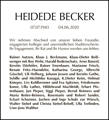 Traueranzeige von Heidede Becker von Tagesspiegel