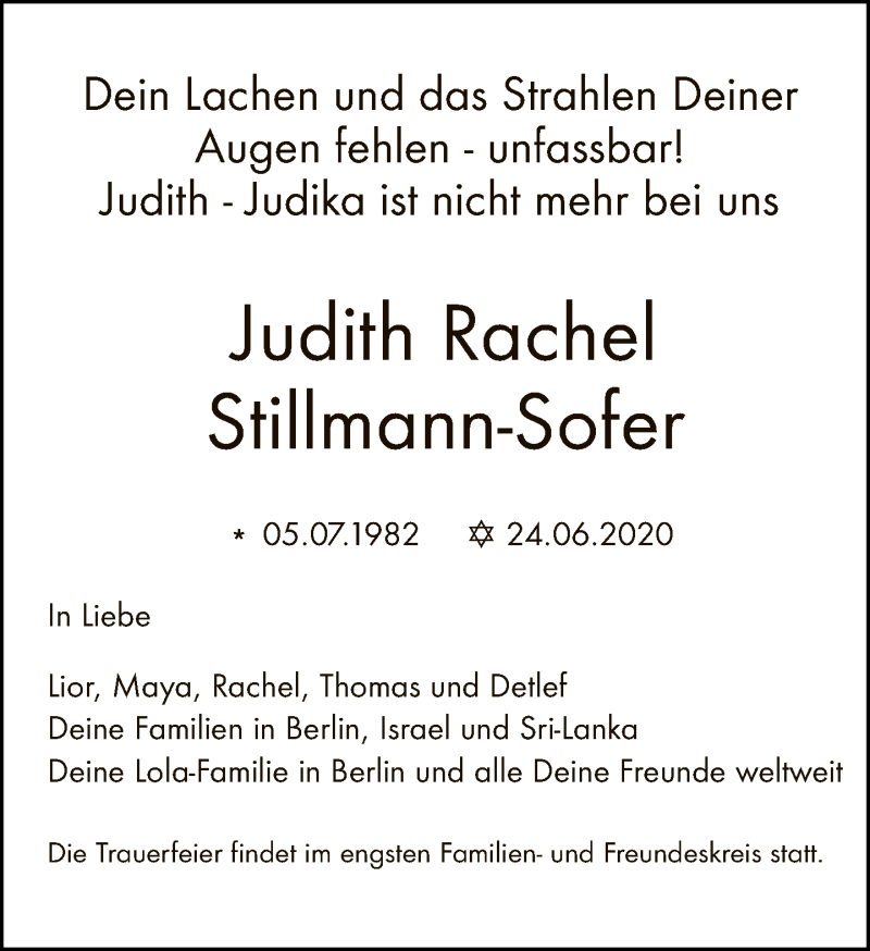 Traueranzeige für Judith Rachel Stillmann-Sofer vom 28.06.2020 aus Tagesspiegel
