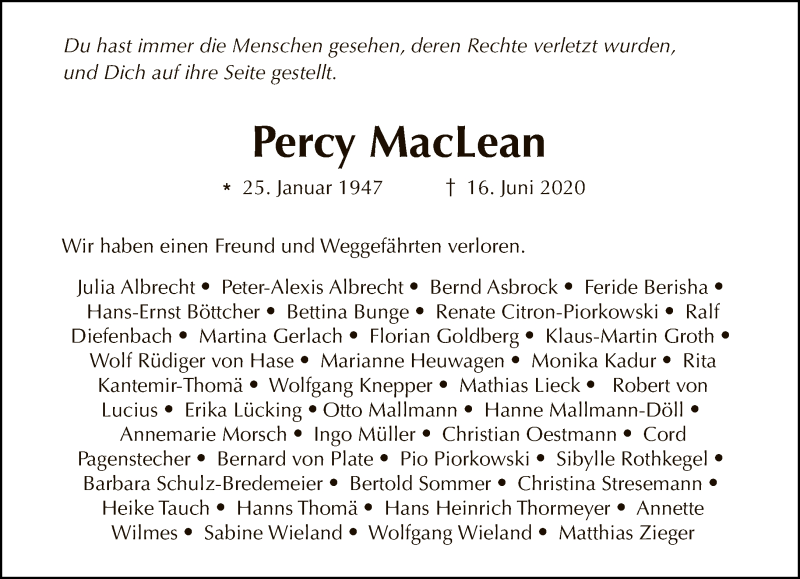  Traueranzeige für Percy MacLean vom 28.06.2020 aus Tagesspiegel