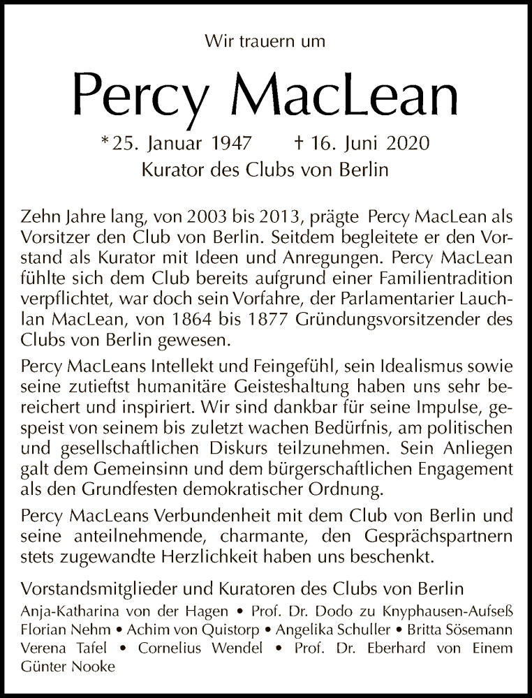  Traueranzeige für Percy MacLean vom 21.06.2020 aus Tagesspiegel