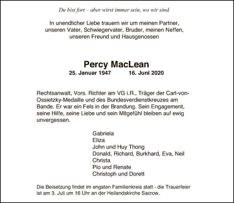  Traueranzeige für Percy MacLean vom 21.06.2020 aus Tagesspiegel