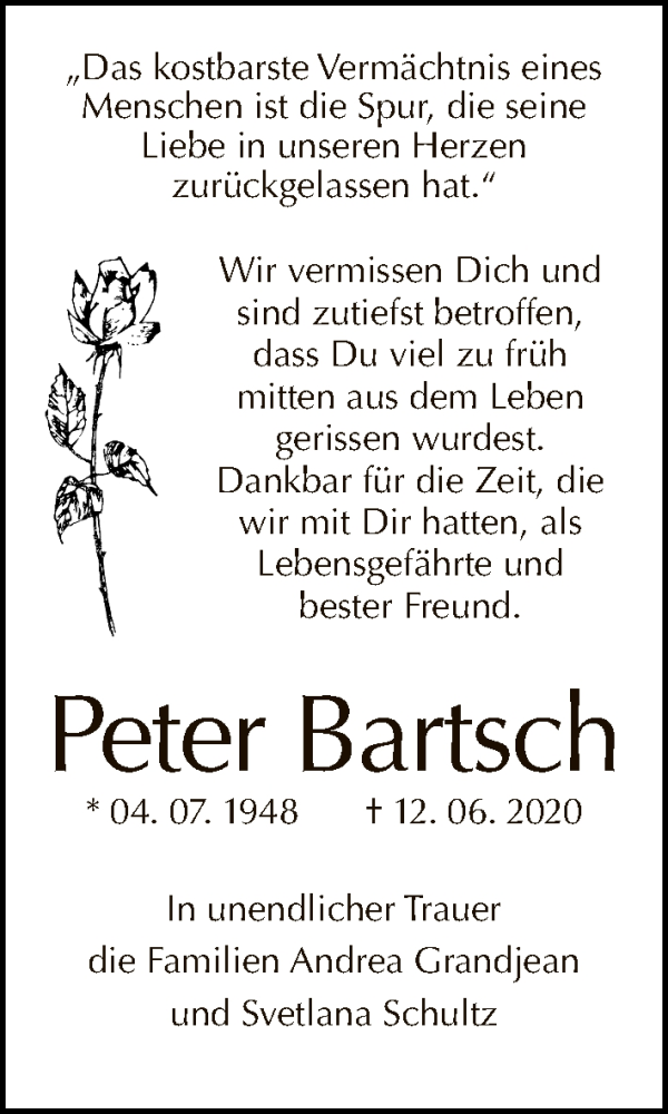  Traueranzeige für Peter Bartsch vom 28.06.2020 aus Tagesspiegel