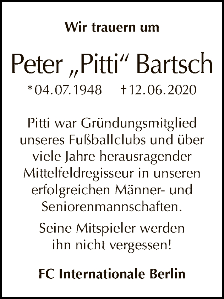  Traueranzeige für Peter Bartsch vom 28.06.2020 aus Tagesspiegel