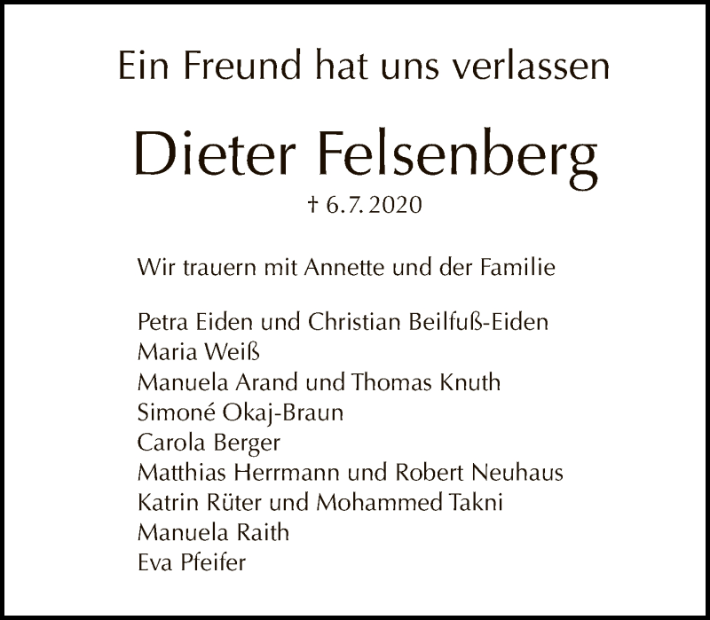  Traueranzeige für Dieter Felsenberg vom 12.07.2020 aus Tagesspiegel