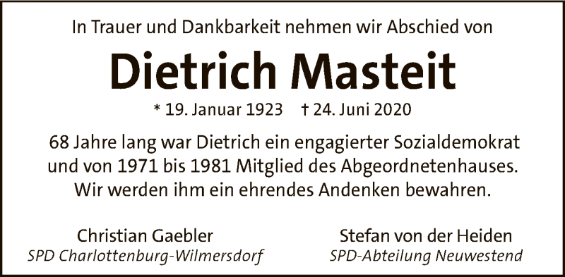  Traueranzeige für Dietrich Masteit vom 05.07.2020 aus Tagesspiegel