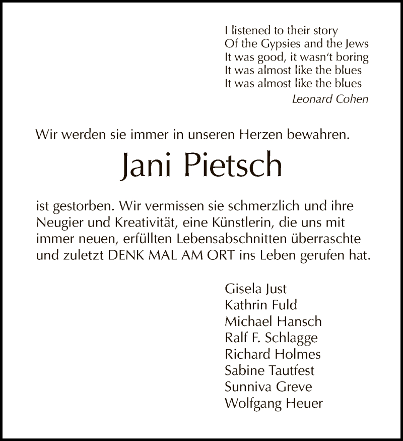  Traueranzeige für Jani Pietsch vom 26.07.2020 aus Tagesspiegel