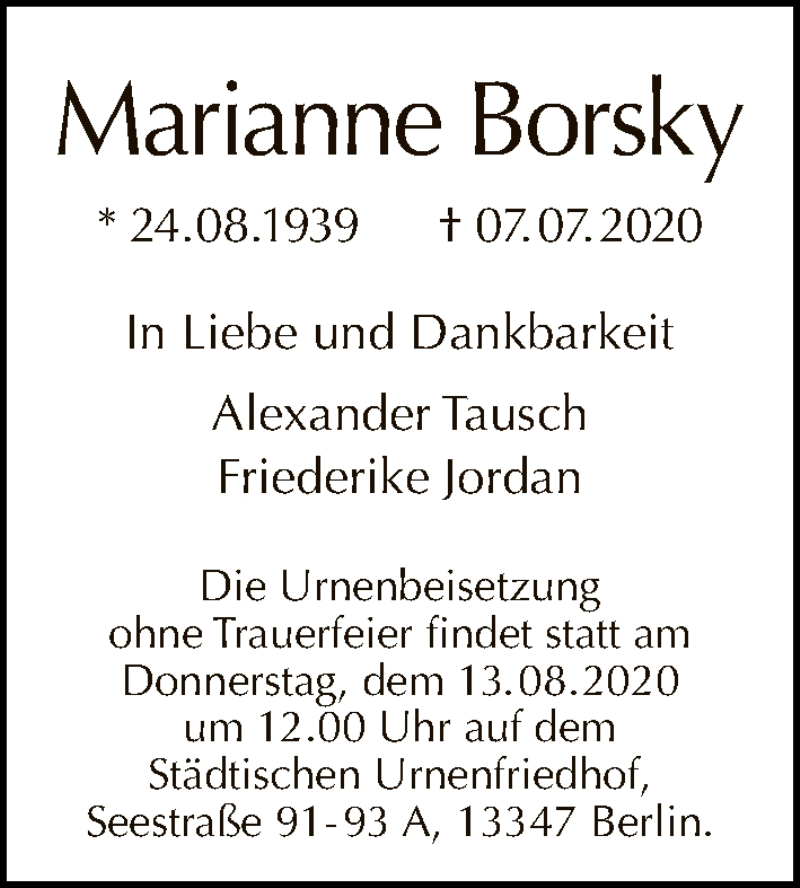 Traueranzeigen von Marianne Borsky | Tagesspiegel Trauer