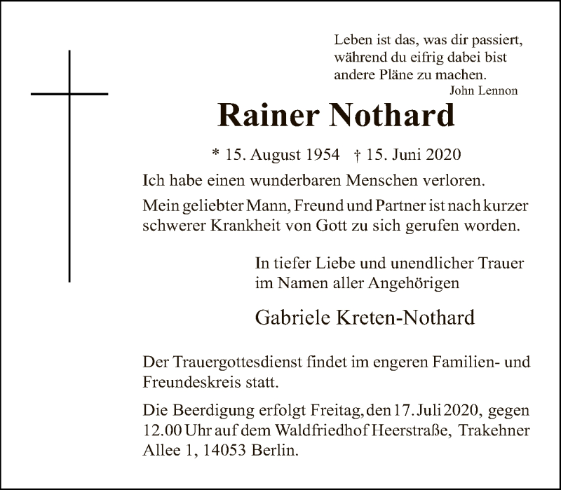  Traueranzeige für Rainer Nothard vom 05.07.2020 aus Tagesspiegel