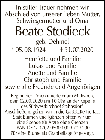 Traueranzeige von Beate Stodieck von Tagesspiegel